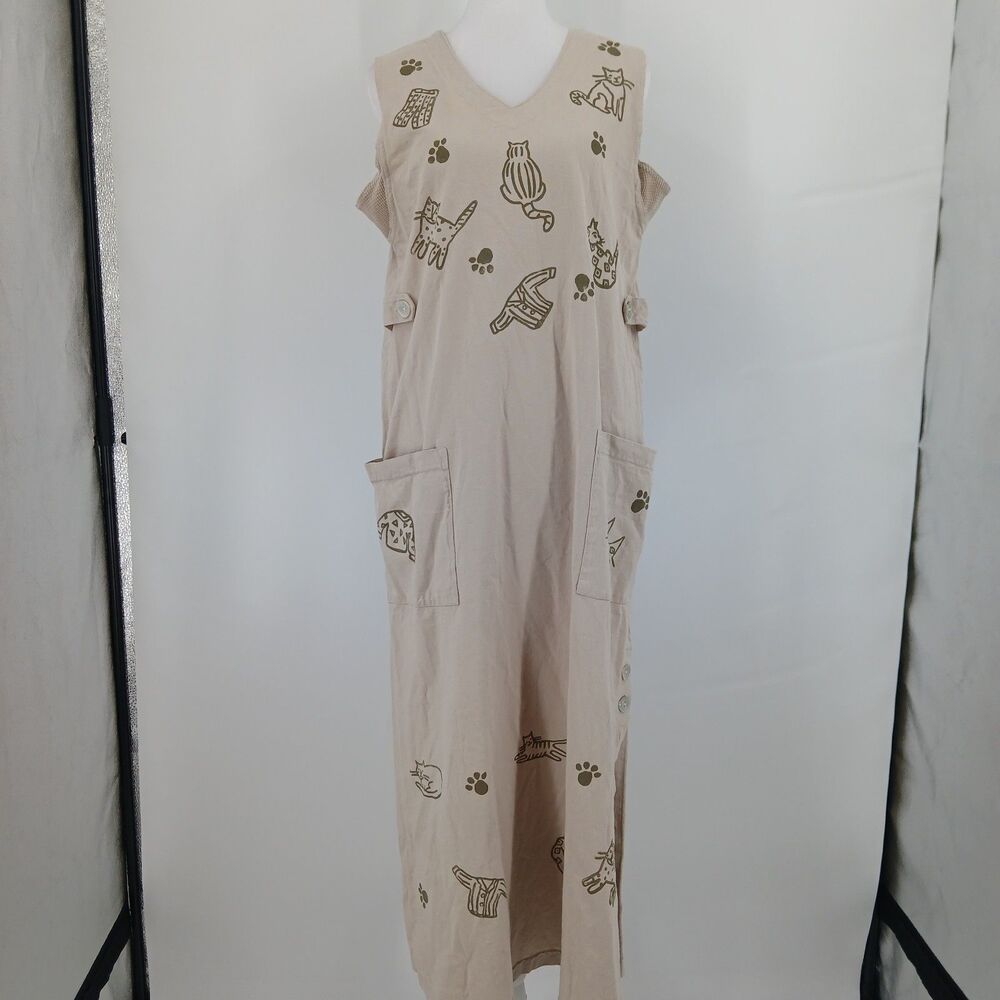 womans vintage Viva City Beige Floral Embroidered dress 100% Cotton size small